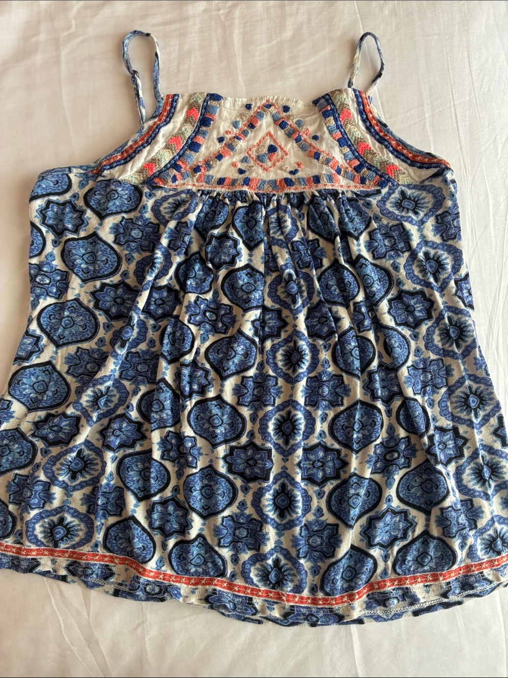Lucky Brand Girls Blue & Cream Patterned Tank with Coral Trim